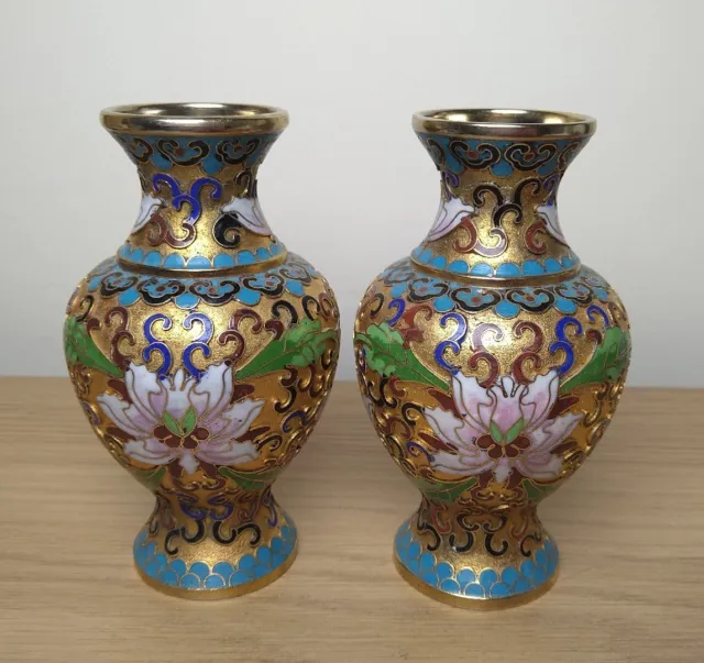 Pair Of Chinese Cloisonné Enamel Gilt Floral Baluster Vases 13cm High