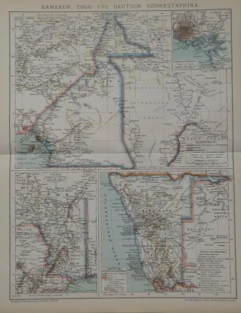 Landkarte Kolonien, Kamerun, Togo und Deutsch - Südwestafrika, Brockhaus um 1898
