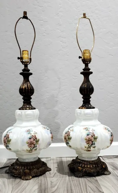 Vintage Table Parlor Lamp Bubble Glass Brass Light Floral Design 30.5"