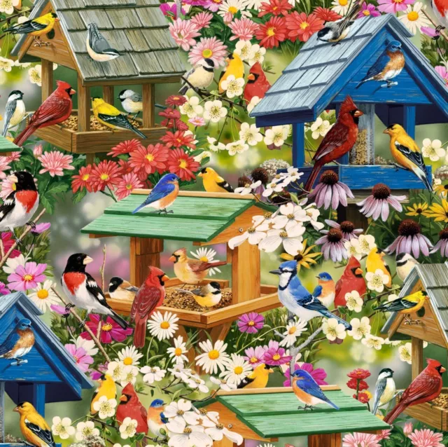 Wild Birds Garden Bird House In Nature Spring Floral 100% Cotton Fabric Bthy