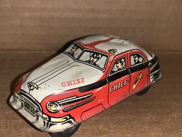 VINTAGE ANTIQUE LUPOR Metal Products Tin Friction Fire Chief Toy Car