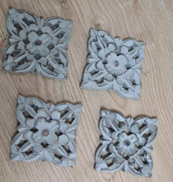Set of 4 Mango Wood Carved Coasters Floral Cutout BN 2