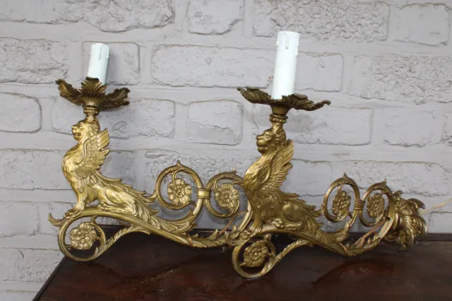 PAIR french brass heraldic lion Wall lights sconces Gothic castle decor lamps 2