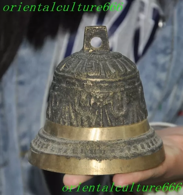 3.8" Ancient Tibetan temple bronze Bell Chung chimes clock statue