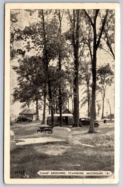 Standish Michigan~Campground~Trailer Under Trees~Tent~1940s B&W Postcard