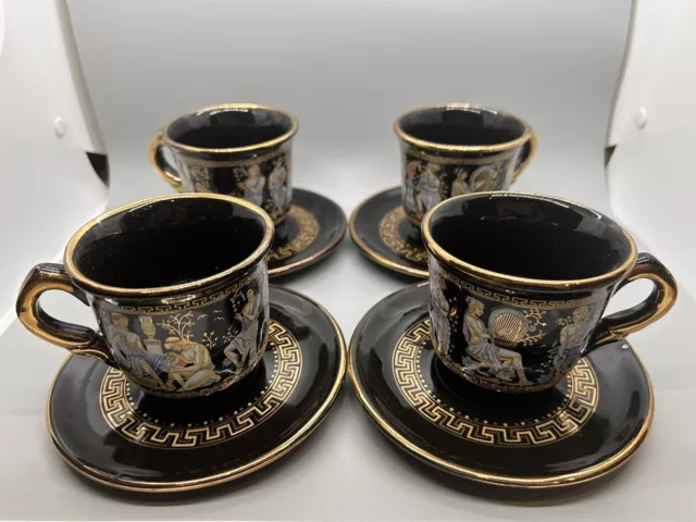 Hand Made in GREECE in 24 K Gold 4 CUPS & SAUCERS Greek Mythology Gold Black