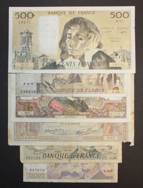 Lot 6 billets : 500, 100, 50 et 20 francs