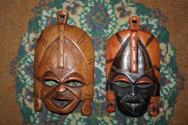 Pair of Old African Tribal Wooden Mask Hand Carved Wood Art Collectible Decor 3