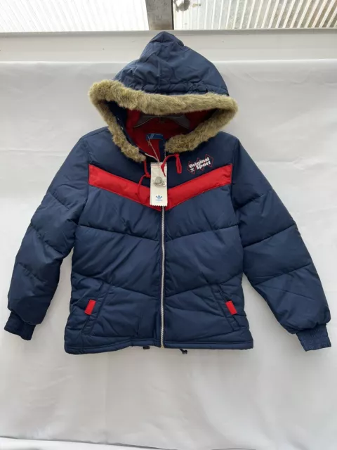 Adidas Originals Petite Winter Coat Jacket Faux Fur Hood Quilted + Pin - Size M