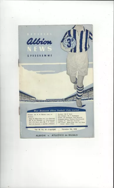 West Bromwich Albion v Atletico Bilbao Friendly Football Programme 1958/59