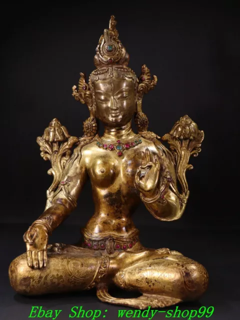 10" Old Tibet Copper 24 K Gold Gems  7 eyes White Tara Goddess Buddha Statue