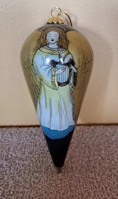 Vtg 1999 Angel With Harp Blue Gold Li Bien Art Glass Teardrop Christmas Ornament