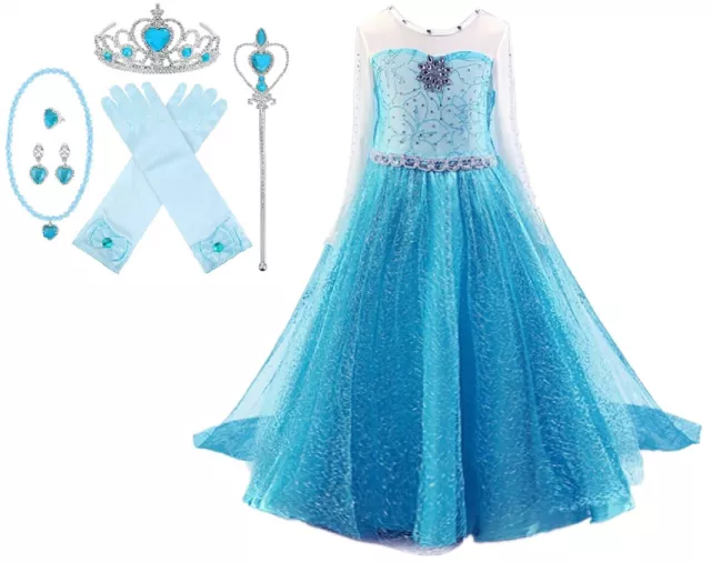 Snow Queen Long Sleeve Princess Elsa Frozen Costume Halloween Party Girls Dress