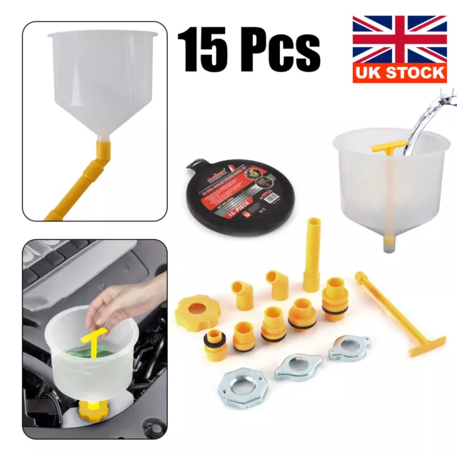 15x Car Radiator Coolant Filling Funnel Kit No-Spill Spill Proof Cooling System
