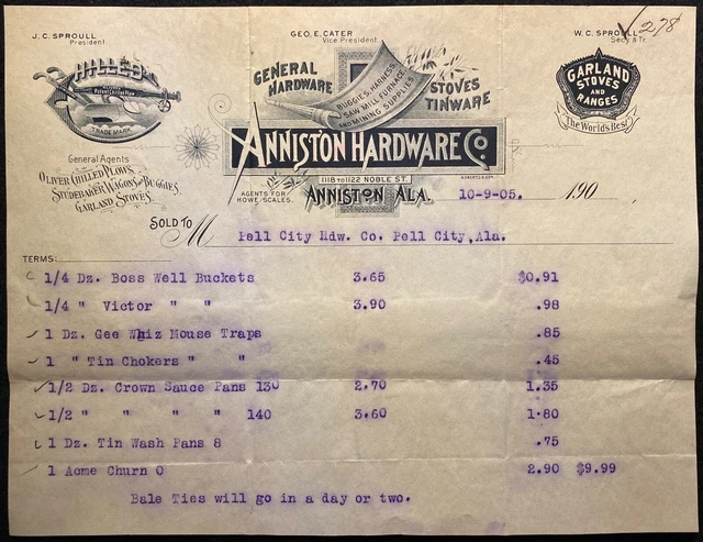 1905 **Anniston Hardware Co.** Alabama {{Graphic}} Billhead+Oliver's Trademark!