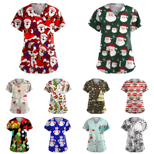 Christmas Women Nursing Uniform Scrub V-neck Short Sleeve Top Blouse Xmas Gifts