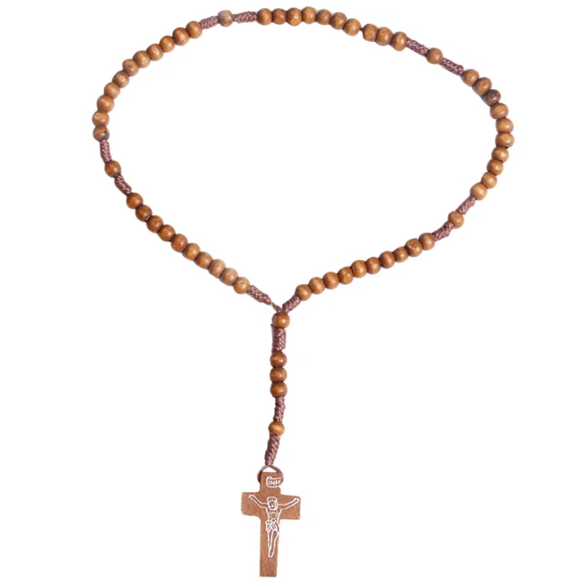 Collier Chapelet Catholique Pendentif Croix Jésus-Christ - Perles Blanches, Marron - Neuf étiqueté