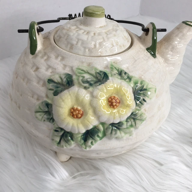 Antique MAJOLICA Art Pottery Flower KETTLE Metal Handle Japan 2