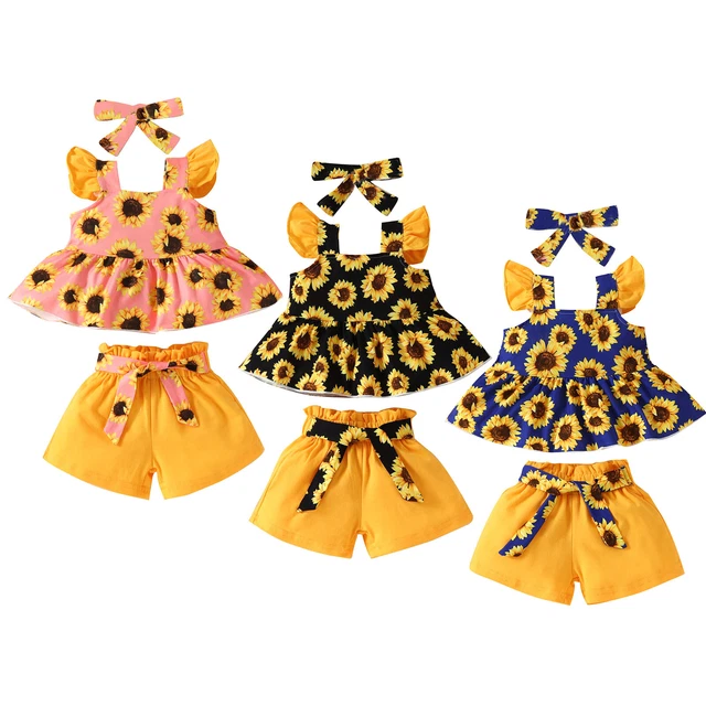 Baby Girls Summer Sunflower Clothes Outfits Cami Shirt with Short Headband Set