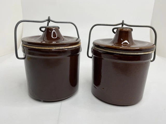 2 Brown Glazed Stonewear Storage Crocks w/ Wire Bale Locking Tops Farmhouse Vtg
