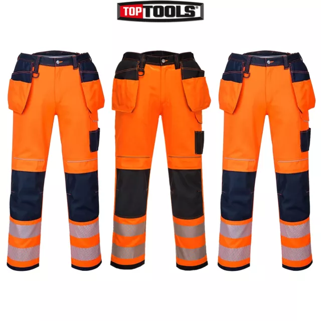 PORTWEST PW3 Hi Vis Holster Work Trousers Contrast Safety Pockets Knee Pads