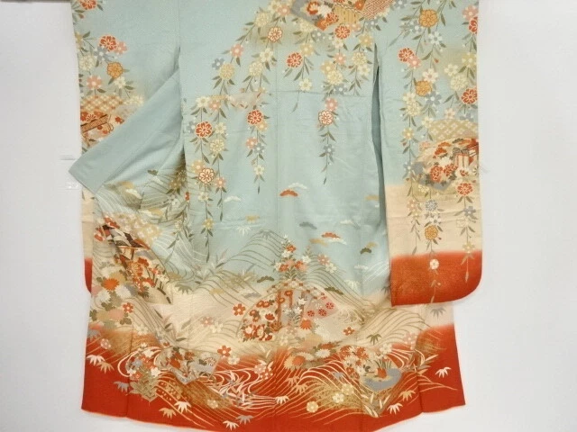 45477# Japanese Kimono / Antique Furisode / Embroidery / Flower & Bird