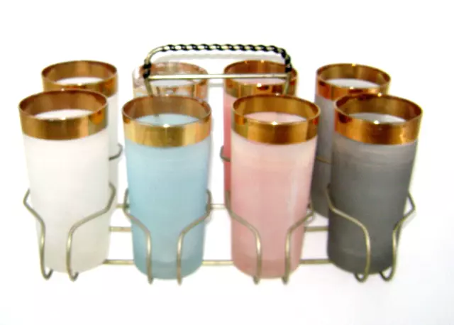 Mid Century Set of 8 Color Frosted Glass Beverage Tumblers with Carry Rack 3