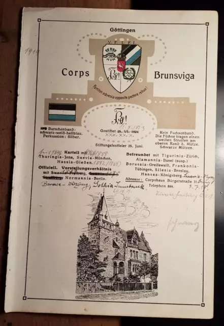 Corps Brunsviga Göttingen - Wappen Zirkel Haus - um 1910 - Tafel / Studentika