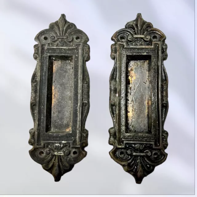 Antique Heavy Petite Cast Bronze Art Nouveau Pocket Door Handle Pull Set 5.25”