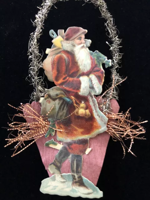 Antique Victorian Santa Die-Cut Scrap Paper & Tinsel Christmas Ornament 2