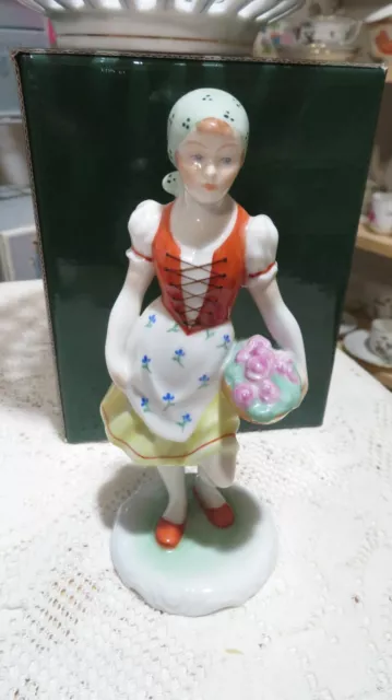 HEREND Hungary Porcelain Lady Girl in Folk Dress with Basket of Roses Flowers