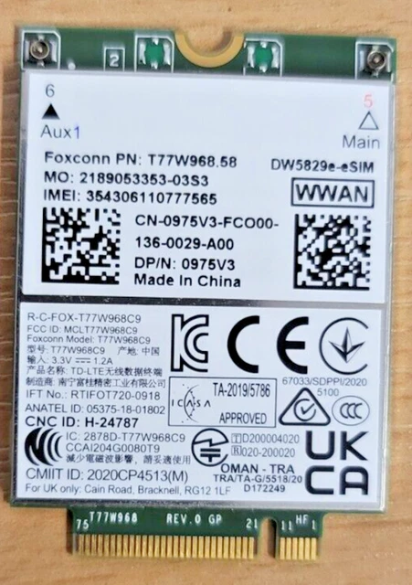 DELL WIRELESS DW5829E-ESIM WWAN 3G 4G Mobile Broadband Module 975V3 ...