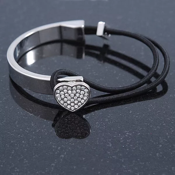 Clear Crystal Heart Bangle Bracelet With Black Silk Stretch Cord In Silver Tone