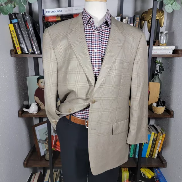 Tasso Elba Mens Sport Coat Blazer Beige Blue Plaid Silk Wool Lanificio Blend 44R