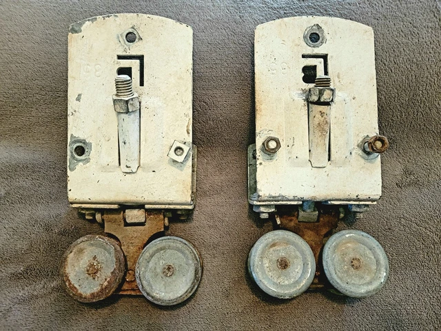 Antique Matching Pair of Cannonball Barn Door Rollers Hangers And Brackets