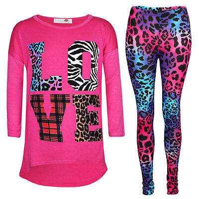 Kids Girls LOVE Printed Trendy Pink Top & Stylish Fashion Legging Set Age 7-13Yr