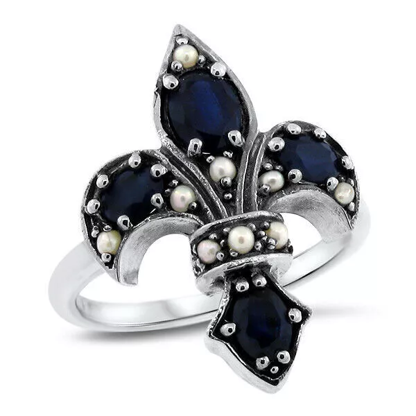 Genuine Sapphire Pearl Fleur-De-Lis Victorian Style 925 Sterling Silver Ring 590