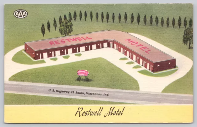 Postcard Vincennes Indiana Aerial View of the Restwell Motel US Hwy 41 South