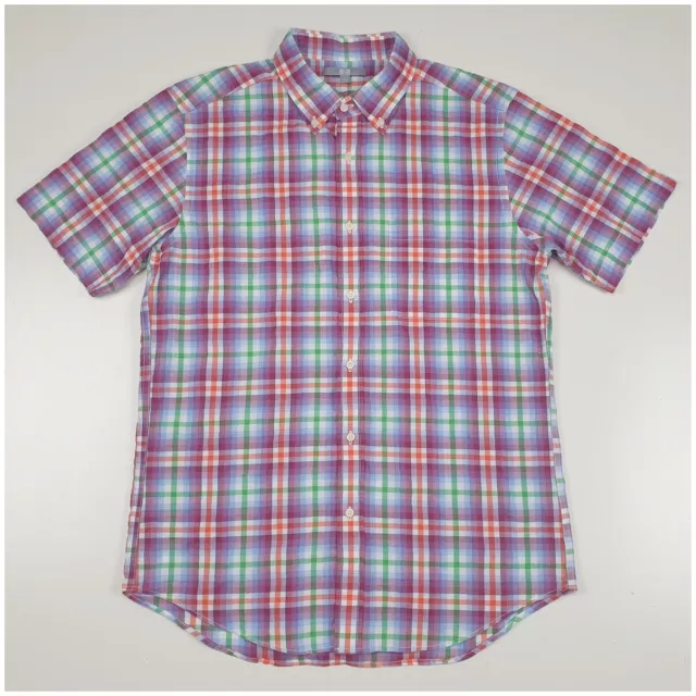 Uniqlo Mens Sz L Colorful Plaid Short Sleeve Collared Shirt Front Pocket Stylish