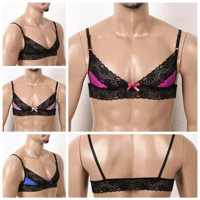 Sexy Mens Lace Sheer Bra Top Halter Wire-free No Pad Bralette