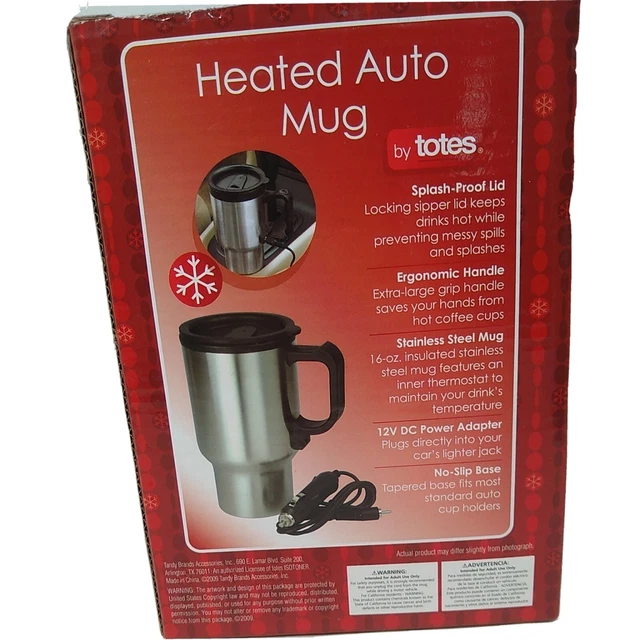 Totes Heated Auto Mug 16oz Insulated Stainless Steel 12V DC Power Adapter in box 3