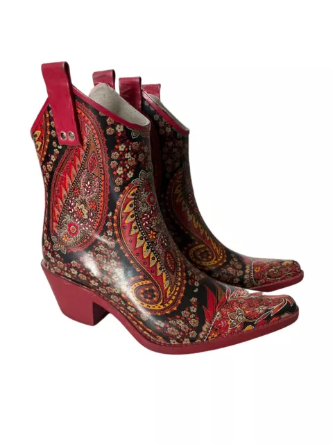 Nomad Rubber Cowgirl 🤠 Boots Sz 5 Women Red Paisley Ankle Heel 2.5” Western