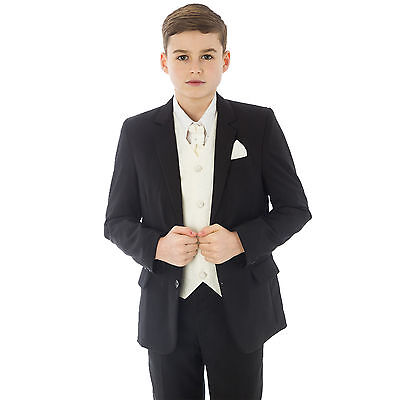Boys Black/Cream suit 5pc Swirl wedding pageboy formal party waistcoat smart