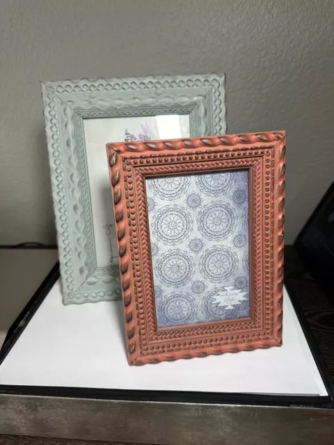 Two Wooden Distressed Picture Frames Teal And Sienna Cottage Core 5x7 & 4x6