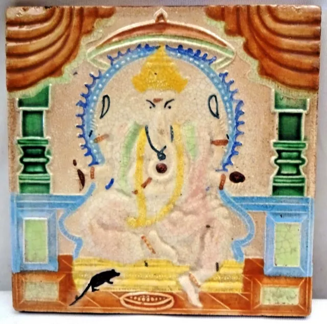 Vintage Tile Porcelain Ceramic Lord Ganesha Collectibles Indian Wakaner Genuine