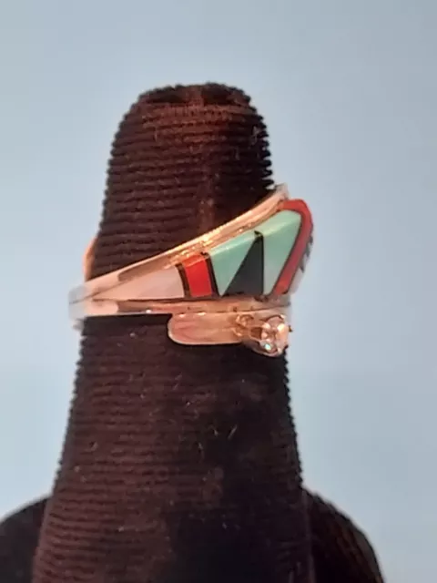 ZUNI INLAY RING Sz 6 Turquoise, Mother of Pearl, Onyx, Coral Silver ...