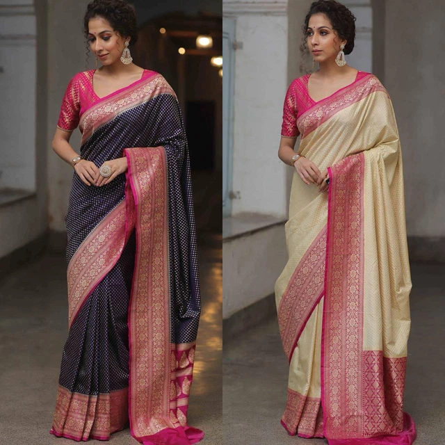 Camicetta Sari Indiana In Banarasi Silk Non Cucita - Blu/Oro, Per Matrimoni E Feste Bollywood