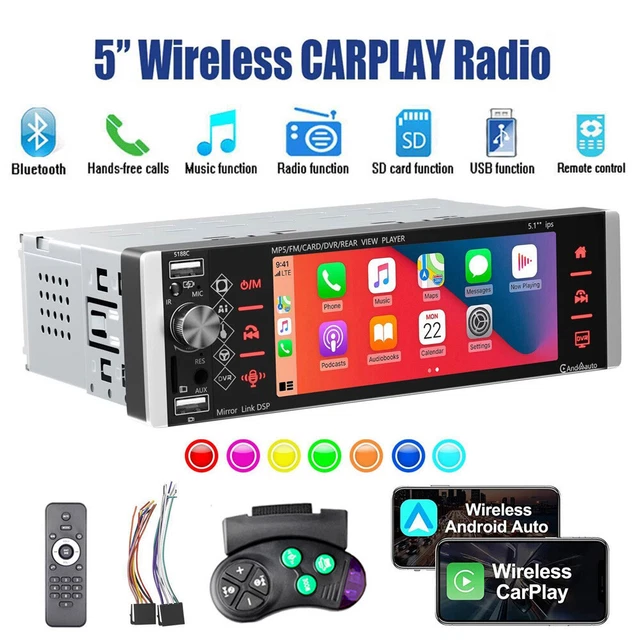 1 Din Autoradio Mit Wireless Carplay & Android Auto – 5,1 Zoll Touchscreen, Bluetooth, Rückfahrkamera & Lenkradsteuerung