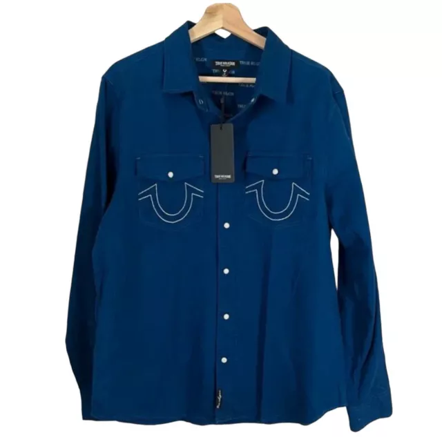New True Religion, Mens Xl, Horseshoe Button-Up Soft-Navy Shirt, Msrp $89.00