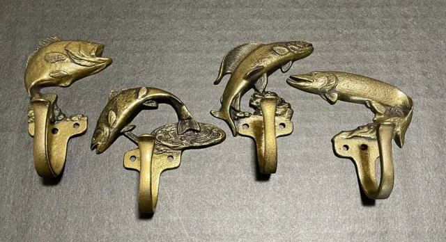 Vintage Keeler Brass Fish Coat Hooks Solid Brass Set of 4 - Bass Trout Pike